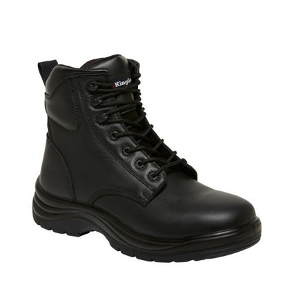 Black boot with brand name on a white background