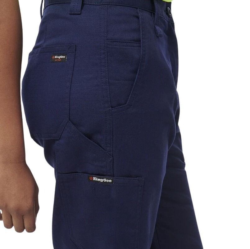 Navy blue pants with King Gee logo on a white background
