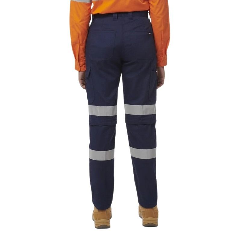 Navy work pants with reflective stripes worn by a person on a white background