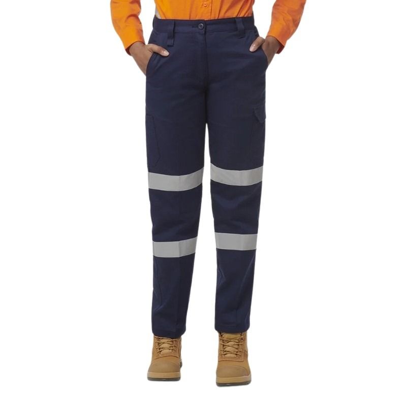 Navy work pants with reflective stripes worn by a person on a white background
