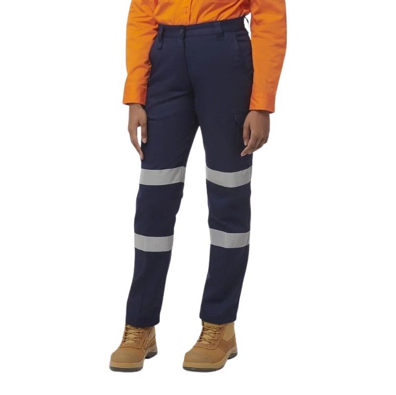 Navy work pants with reflective stripes worn by a person on a white background
