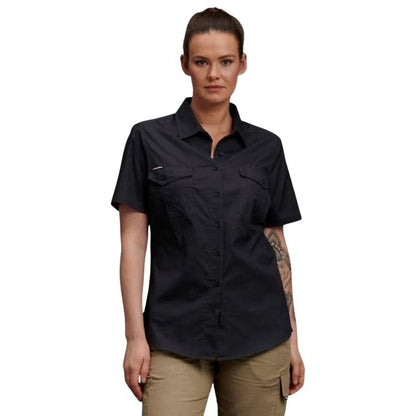 Woman wearing a black short-sleeve shirt on a white background