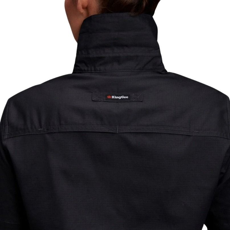 Black jacket with a visible brand logo on the back against a white background