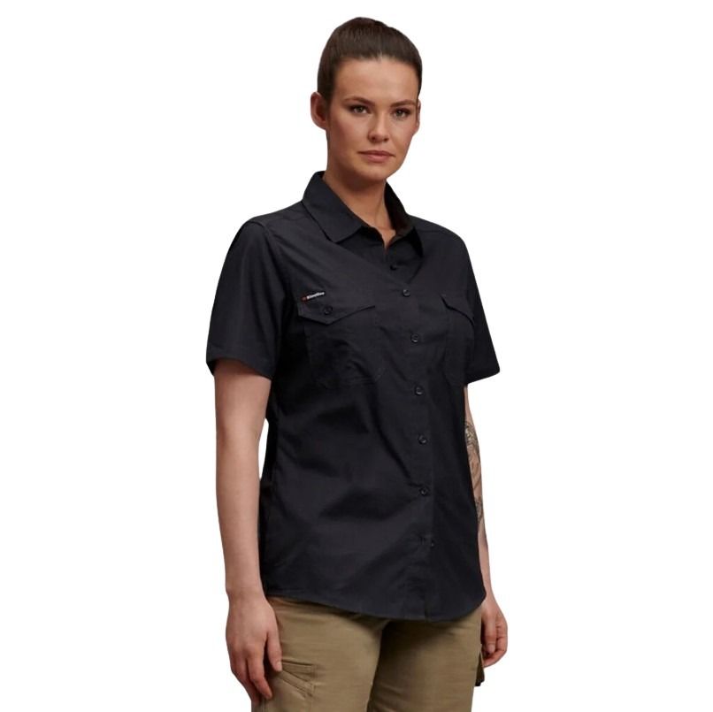Woman wearing a black short-sleeve shirt on a white background