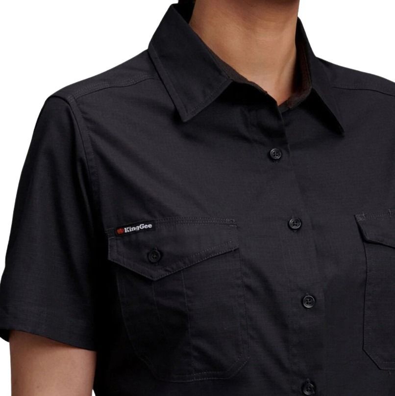 Black short-sleeve shirt with a brand logo on a white background