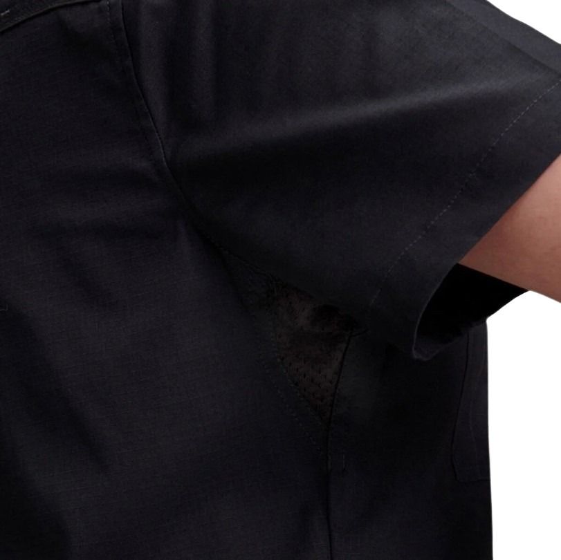 Close-up of a black shirt with short sleeves on a white background