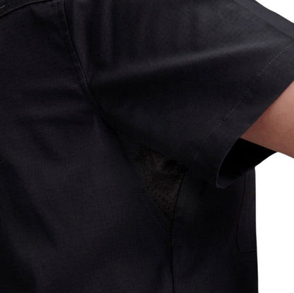 Close-up of a black shirt with short sleeves on a white background