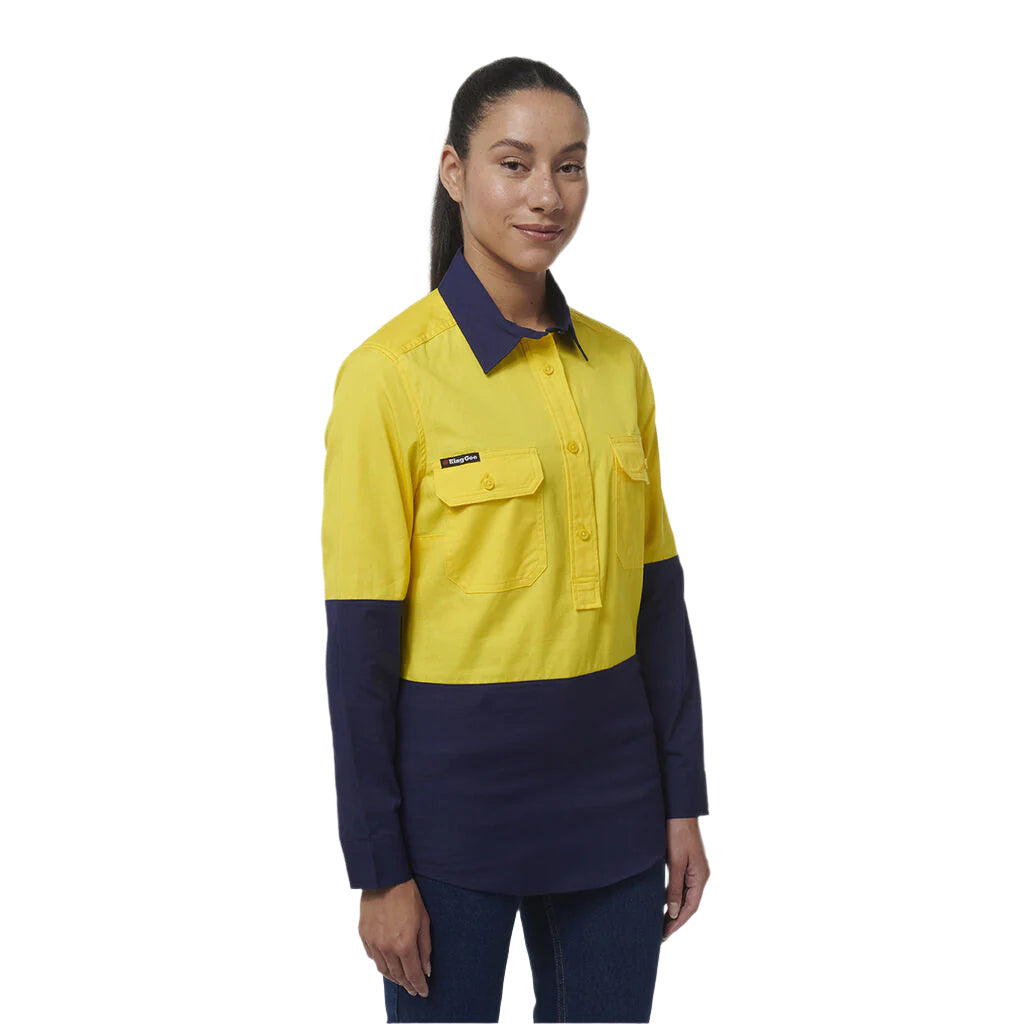 KingGee K44211 Womens Workcool Vented Closed Front Spiced Shirt - Yellow/Navy - Lifestyle