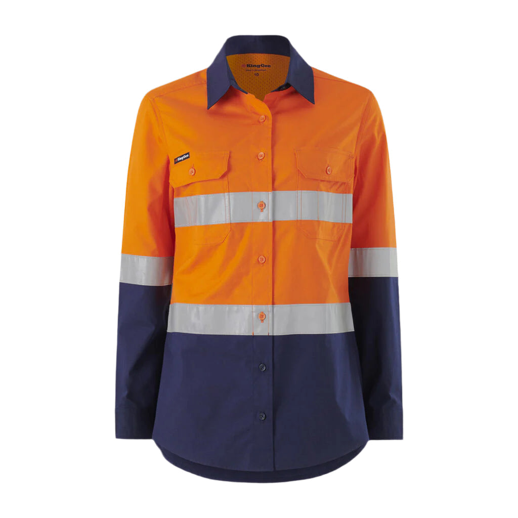 Orange and navy work shirt with reflective stripes on a white background