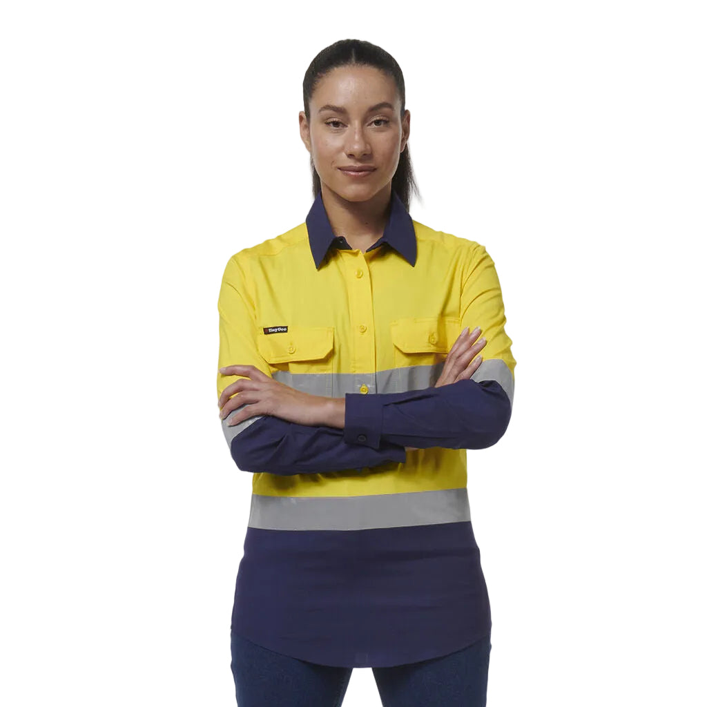 KingGee K44230 Womens Workcool Vented Closed Front Reflective Shirt - Yellow/Navy - Lifestyle