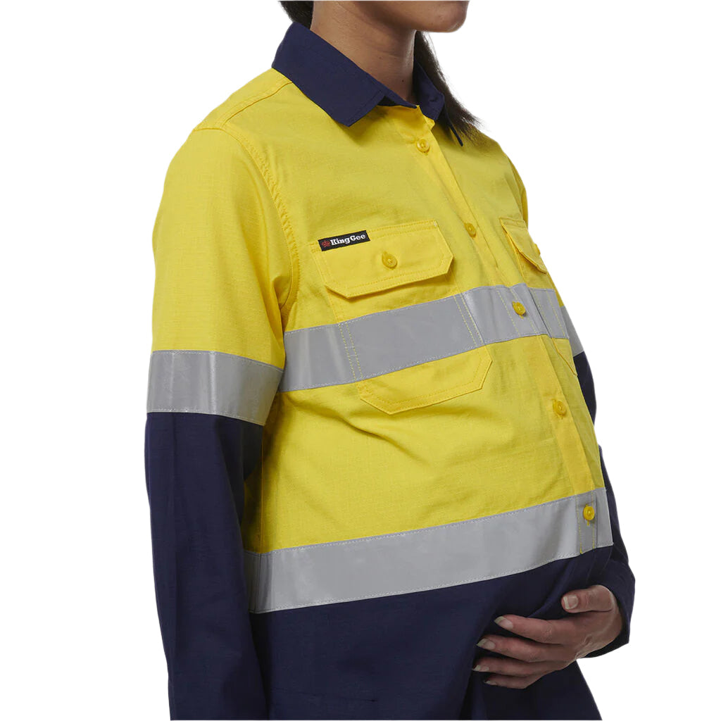 KingGee K44234 Womens Workcool Maternity Reflective Shirt - Yellow/Navy - Detail View