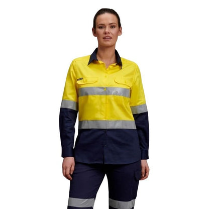 Person wearing a yellow and navy work uniform with reflective stripes on a white background