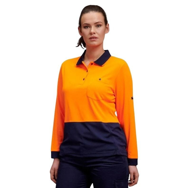 Person wearing an orange and navy long-sleeve work shirt on a white background