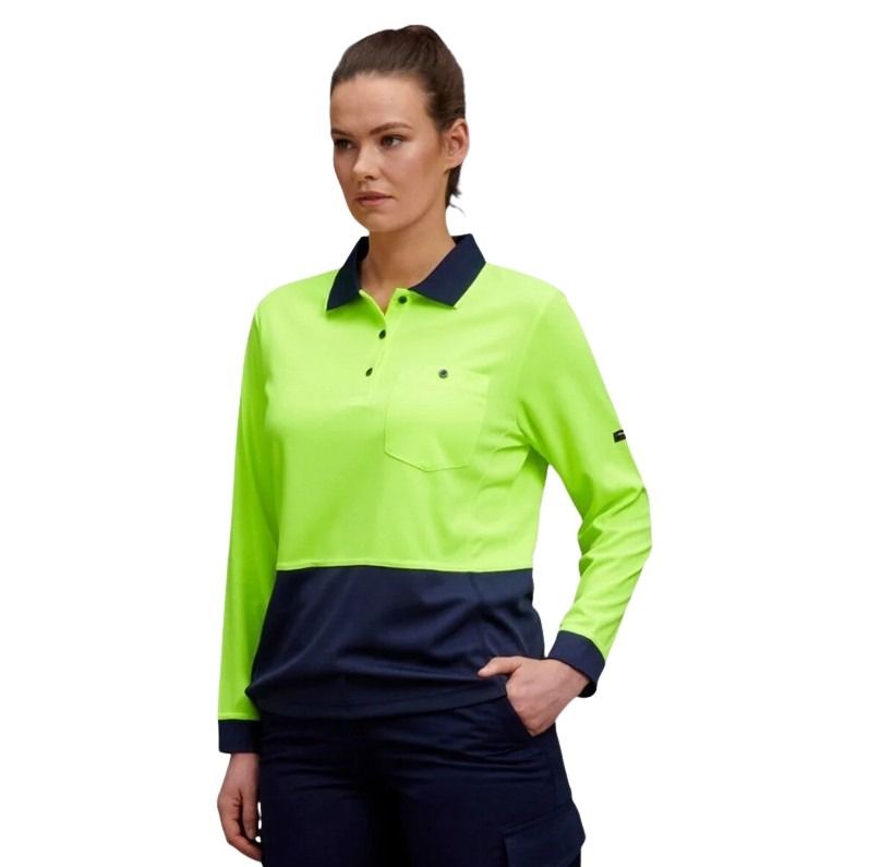 Person wearing a high-visibility green and navy work shirt on a white background