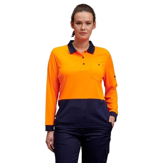 Person wearing an orange and navy long-sleeve shirt on a white background