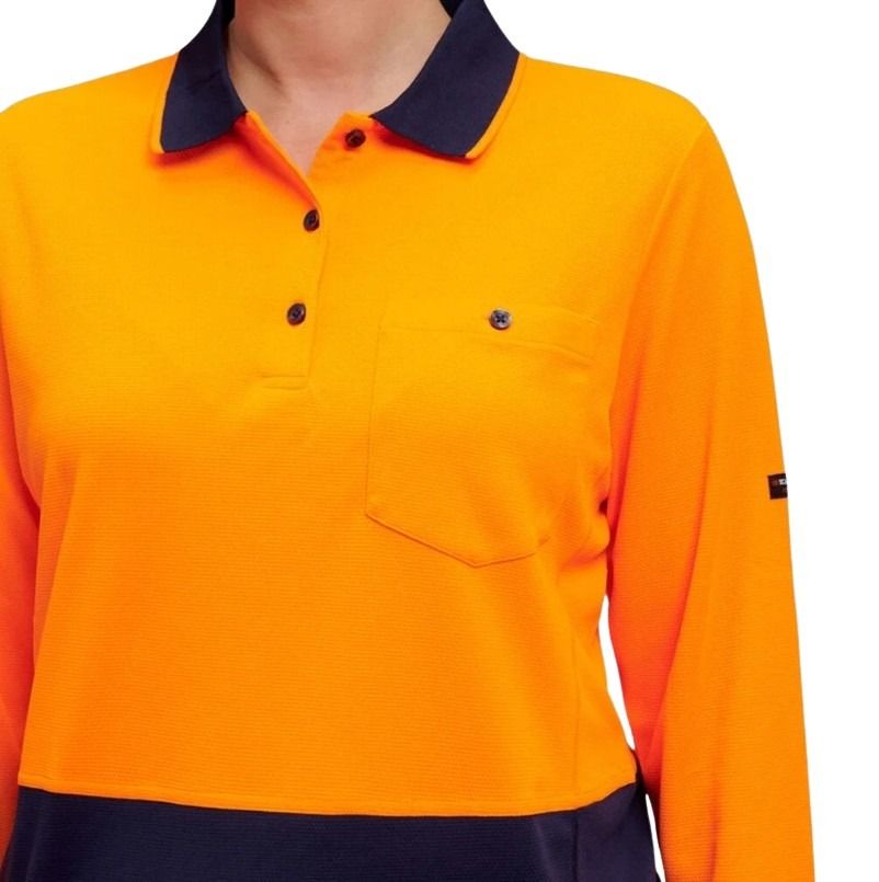 Orange long-sleeve polo shirt with navy collar and trim on a white background