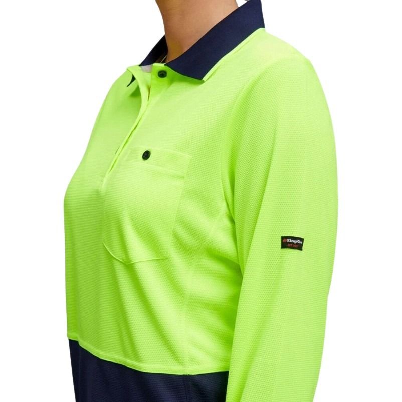 Neon green long-sleeve polo shirt with a brand logo on a white background