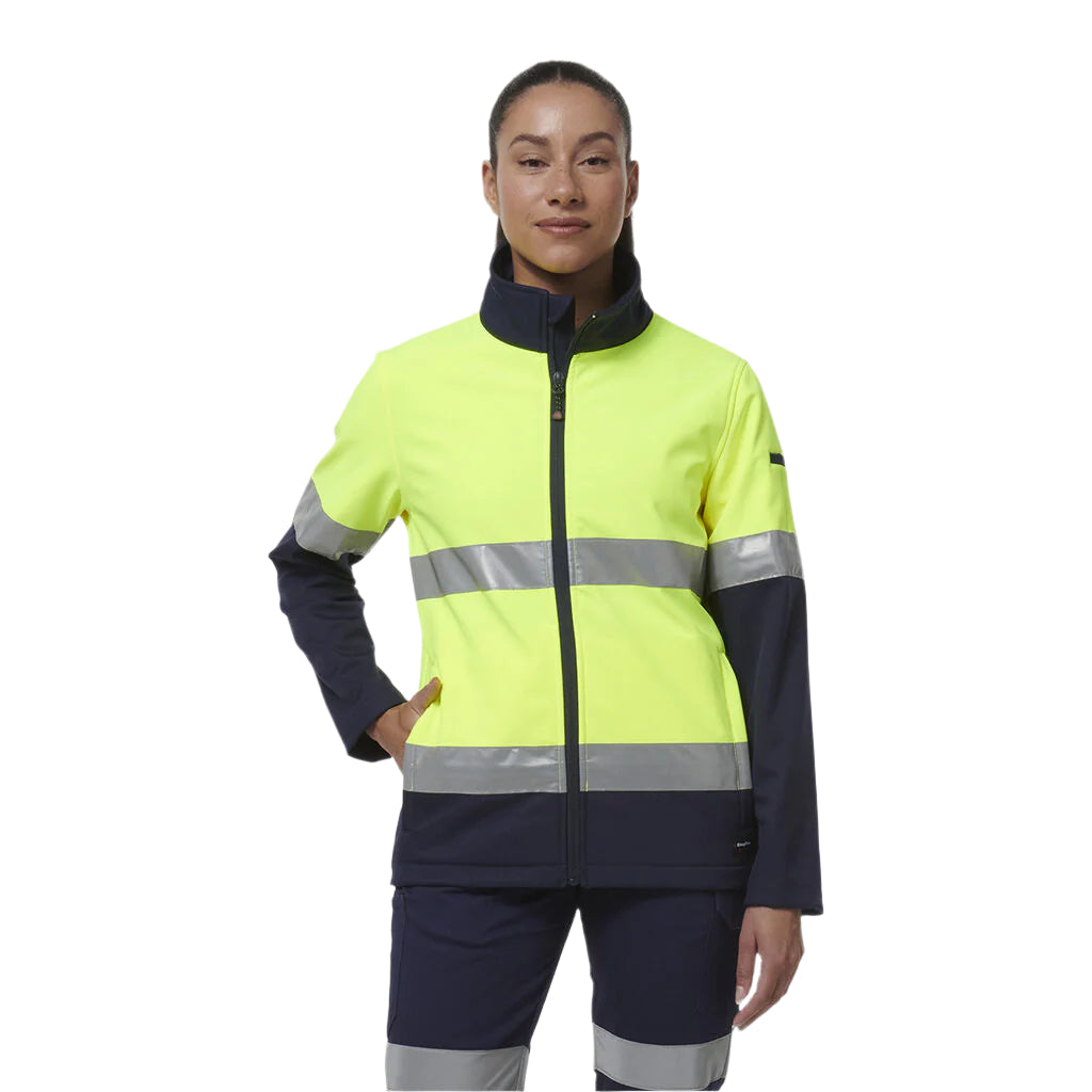 KingGee K45006 Womens Reflective Spliced Soft Shell Jacket - Yellow/Navy - Product View