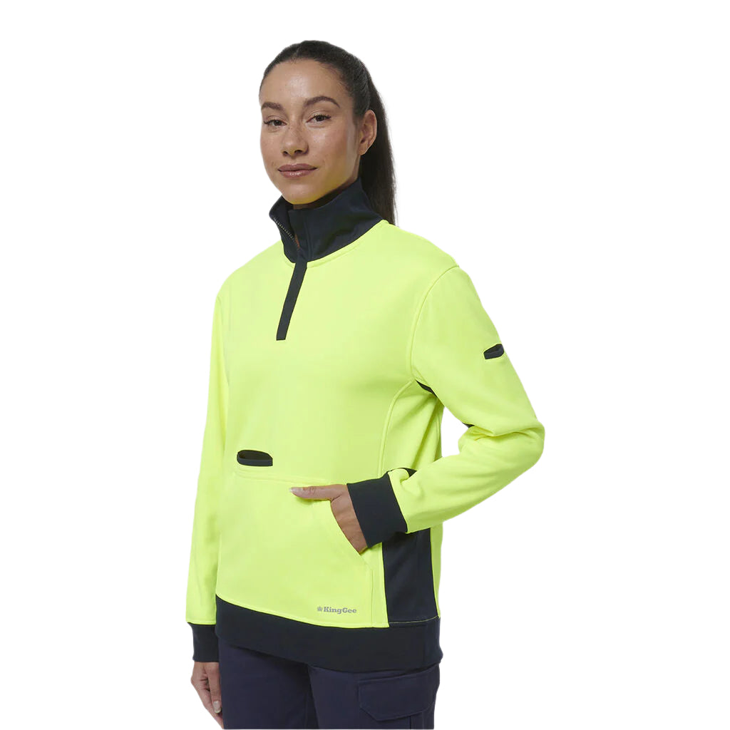 Woman wearing a bright yellow jacket with black accents on a white background