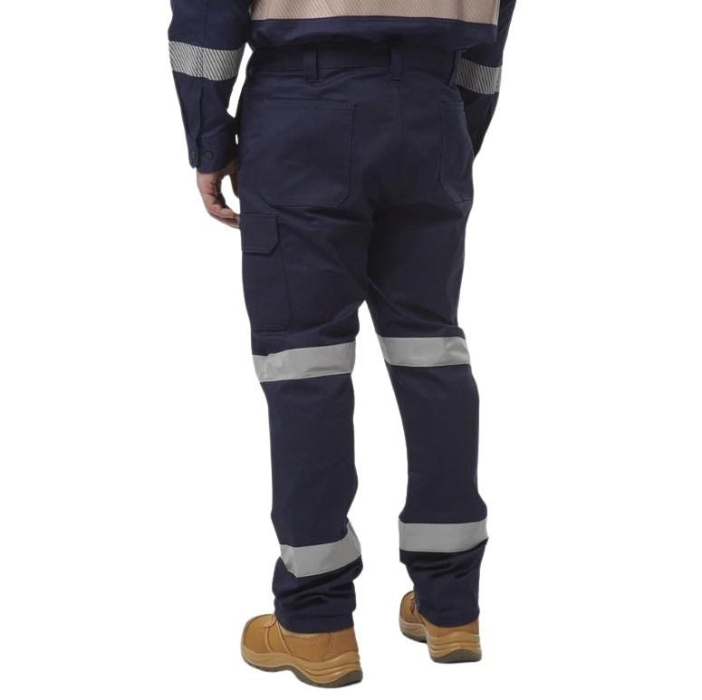 Navy work pants with reflective stripes on a white background