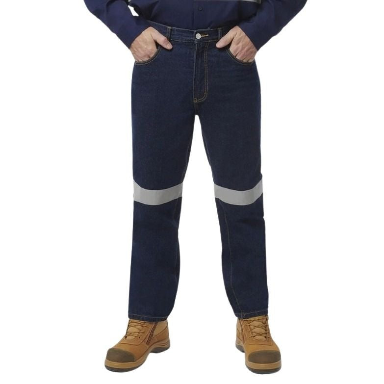 Dark blue jeans with reflective stripes worn by a person on a white background
