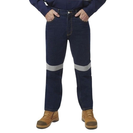 Dark blue jeans with reflective stripes worn by a person on a white background