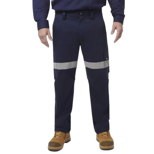 Navy work pants with reflective stripes worn by a person on a white background