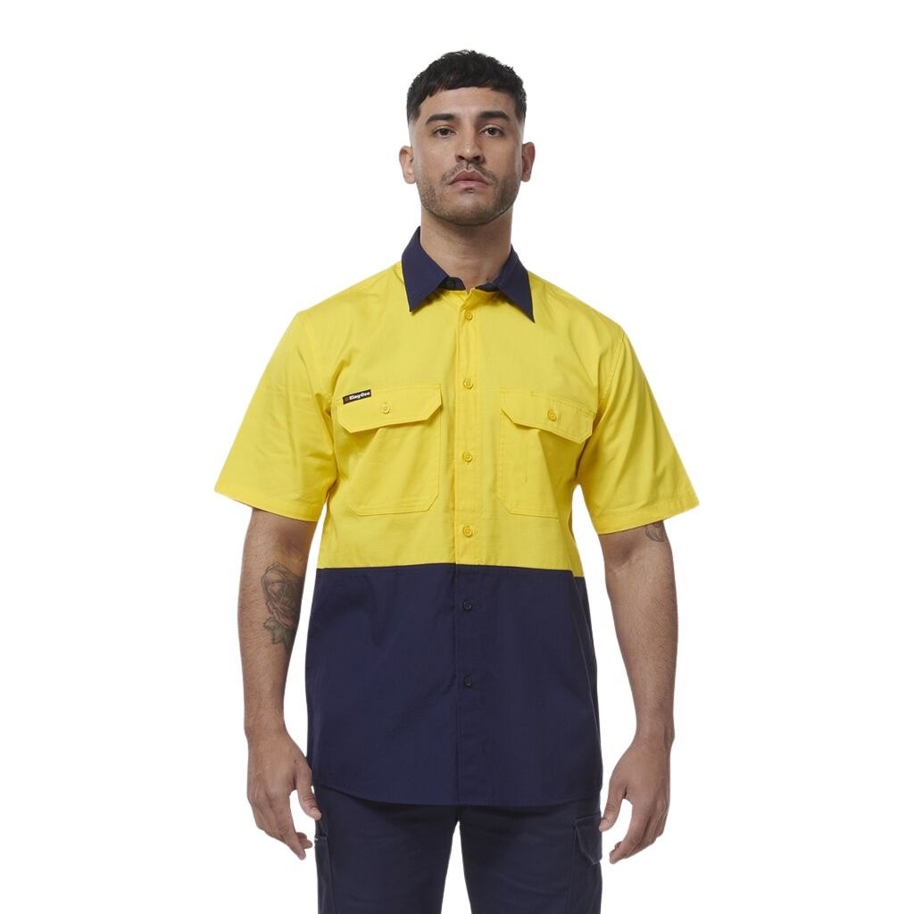 KingGee K54008 Workcool Vented Spliced Short Sleeve Shirt - Yellow/Navy - Lifestyle