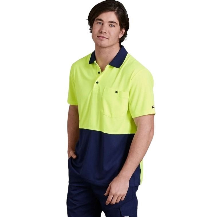 A hi-vis spliced polo shirt with short sleeves, featuring a yellow upper half and navy lower half with a collar and button closure at the chest.