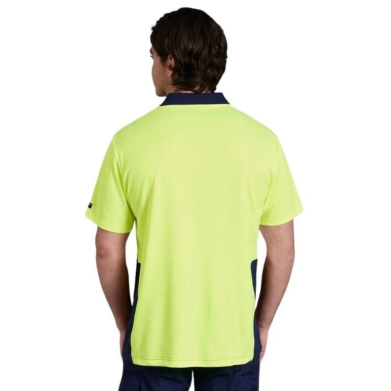 A hi-vis spliced polo shirt with short sleeves, featuring a yellow upper half and navy lower half with a collar and button closure at the chest.