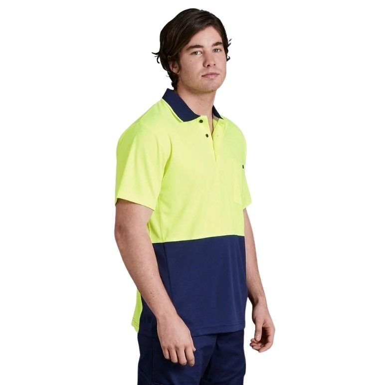 A hi-vis spliced polo shirt with short sleeves, featuring a yellow upper half and navy lower half with a collar and button closure at the chest.