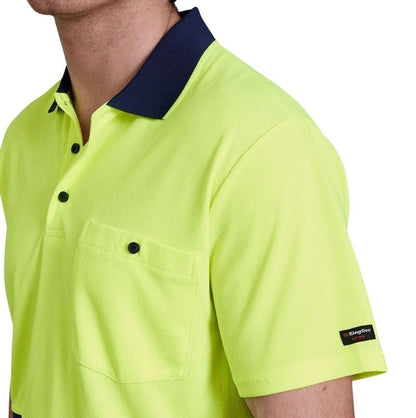 A hi-vis spliced polo shirt with short sleeves, featuring a yellow upper half and navy lower half with a collar and button closure at the chest.