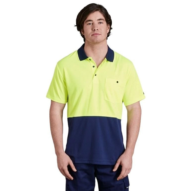 A hi-vis spliced polo shirt with short sleeves, featuring a yellow upper half and navy lower half with a collar and button closure at the chest.