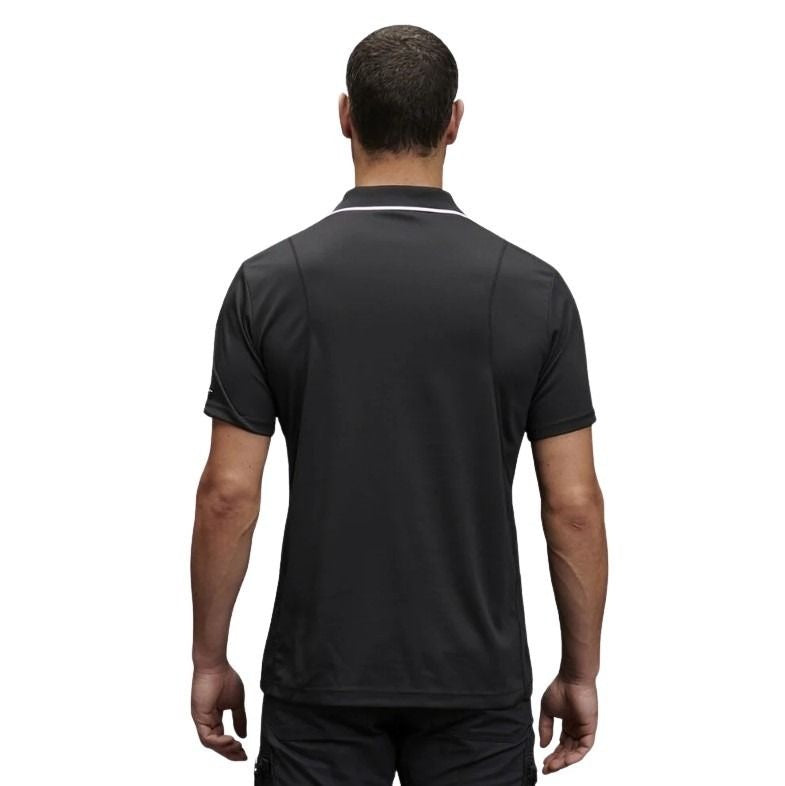 man wearing a black polo with white edge on collar one pocket and button down on white background.