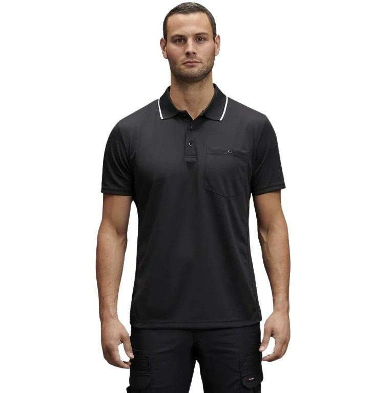 man wearing a black polo with white edge on collar one pocket and button down on white background.