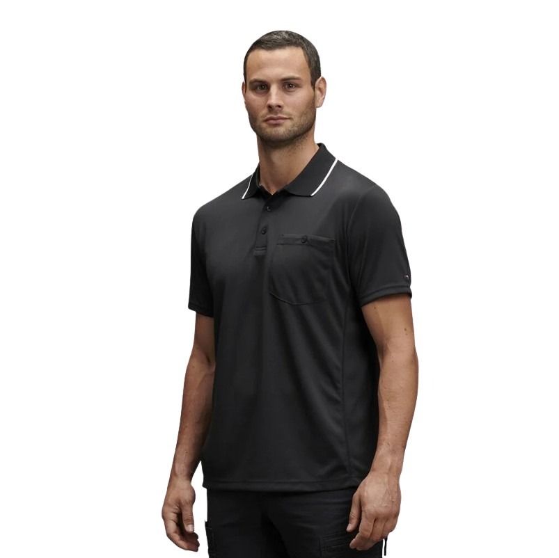 man wearing a black polo with white edge on collar one pocket and button down on white background.
