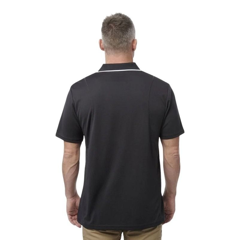 man wearing a charcoal polo with white edge on collar one pocket and button down on white background.