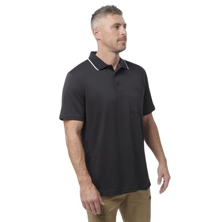 man wearing a charcoal polo with white edge on collar one pocket and button down on white background.