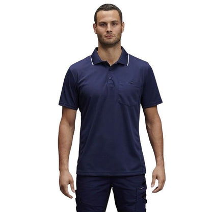 man wearing a navy polo with white edge on collar one pocket and button down on white background.