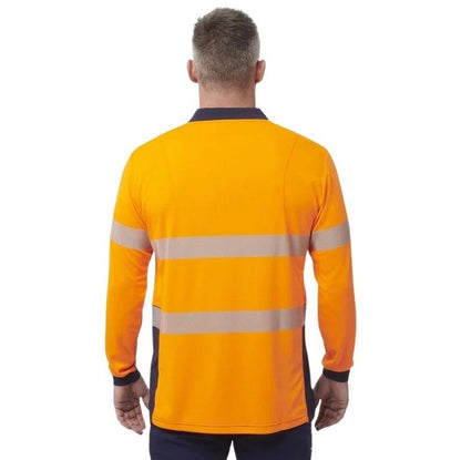 Person wearing an orange long-sleeve shirt with reflective stripes on a white background