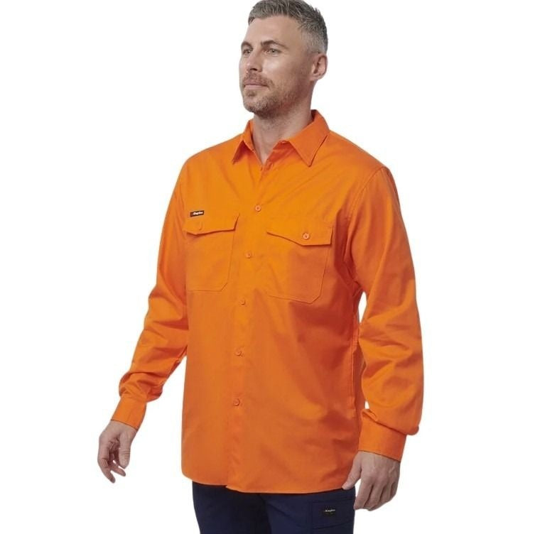 Man wearing Orange workshirt with kinggee brand logo on white background