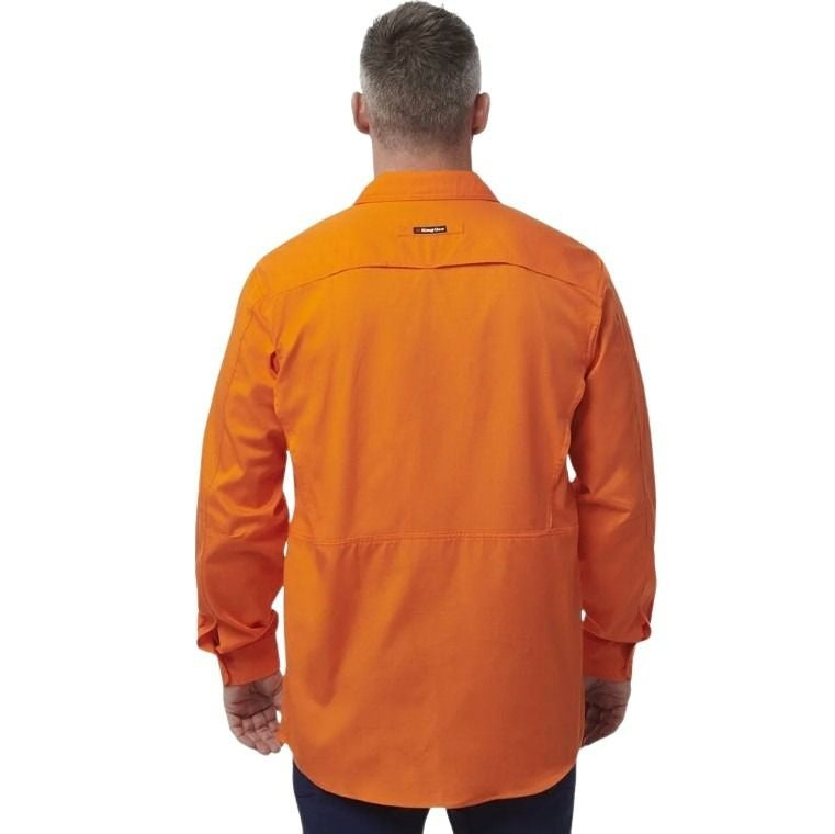 Man wearing Orange workshirt with kinggee brand logo on white background