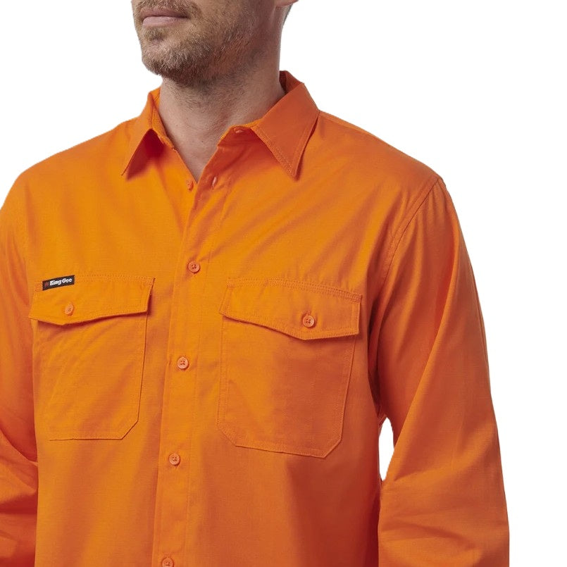 Man wearing Orange workshirt with kinggee brand logo on white background