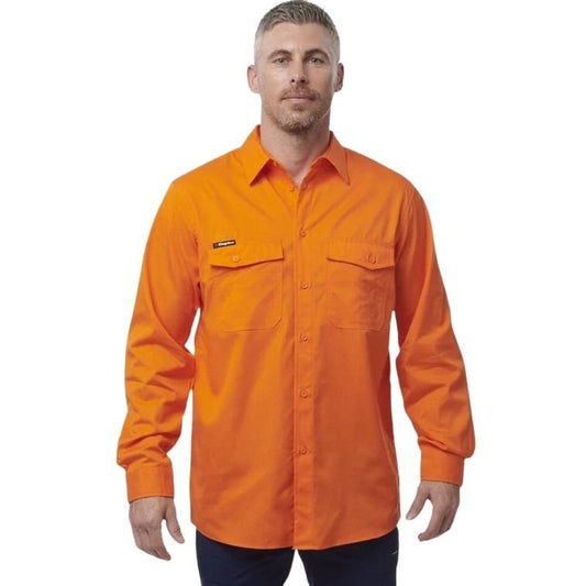 Man wearing Orange workshirt with kinggee brand logo on white background