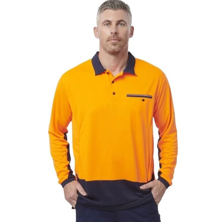orange and black spliced polo on white background