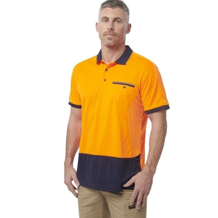 orange and navy spliced polo on white background