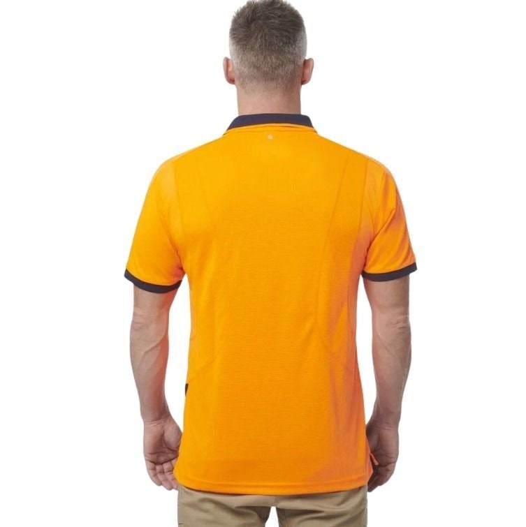 orange and navy spliced polo on white background