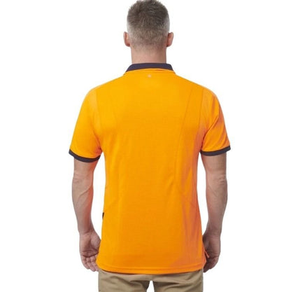 orange and navy spliced polo on white background