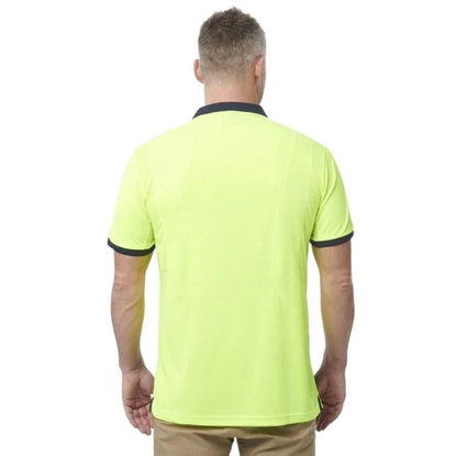 yellow and navy spliced polo on white background