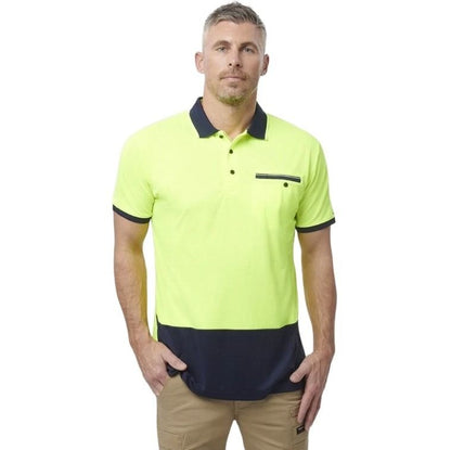yellow and navy spliced polo on white background